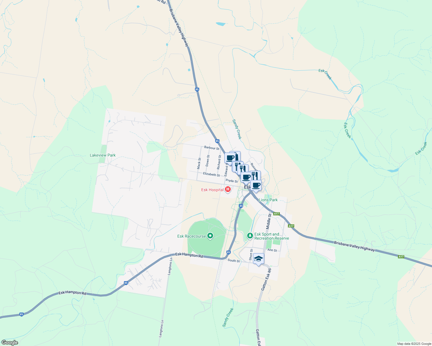 map of restaurants, bars, coffee shops, grocery stores, and more near 9 Elizabeth Street in Esk