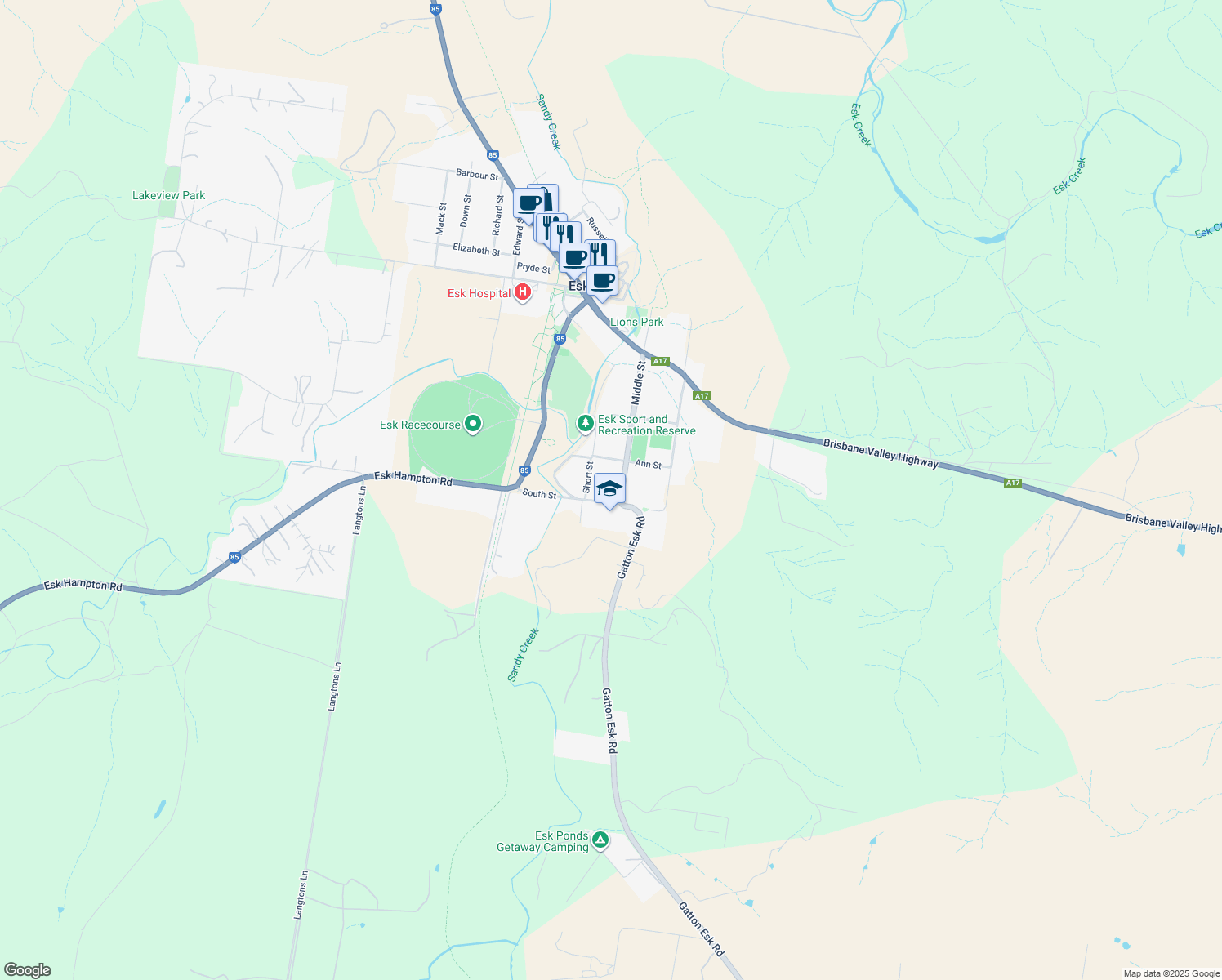 map of restaurants, bars, coffee shops, grocery stores, and more near 6 Kelly Court in Esk