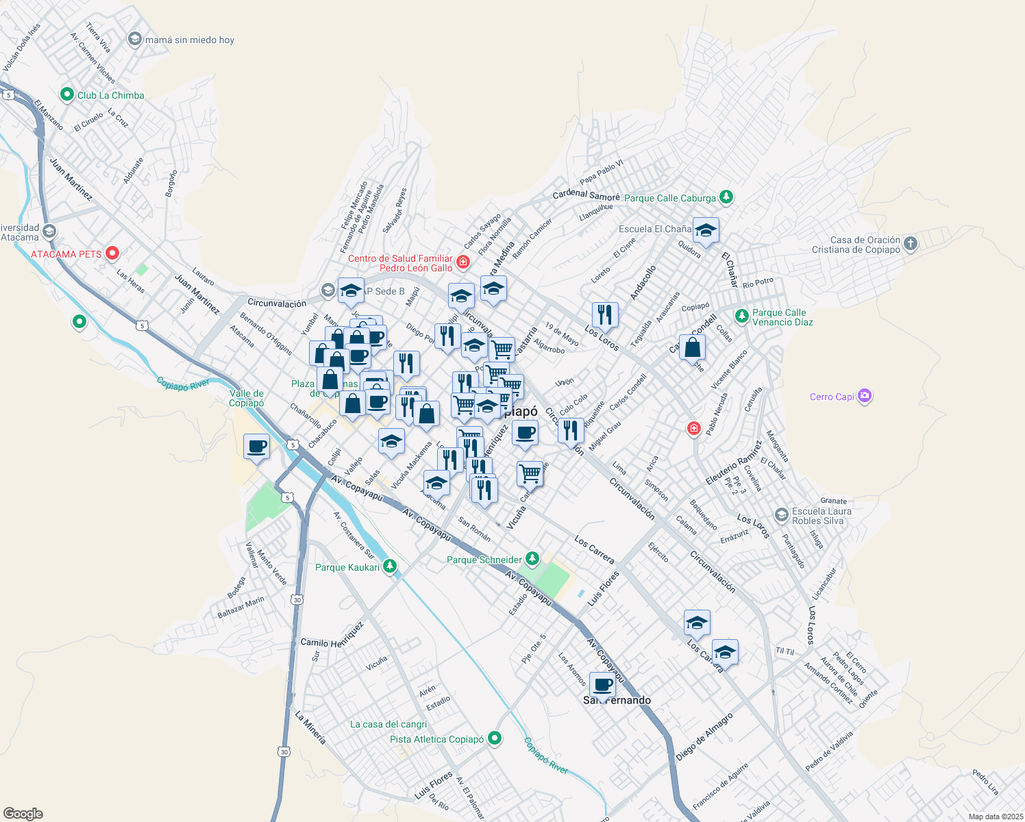map of restaurants, bars, coffee shops, grocery stores, and more near in Copiapó