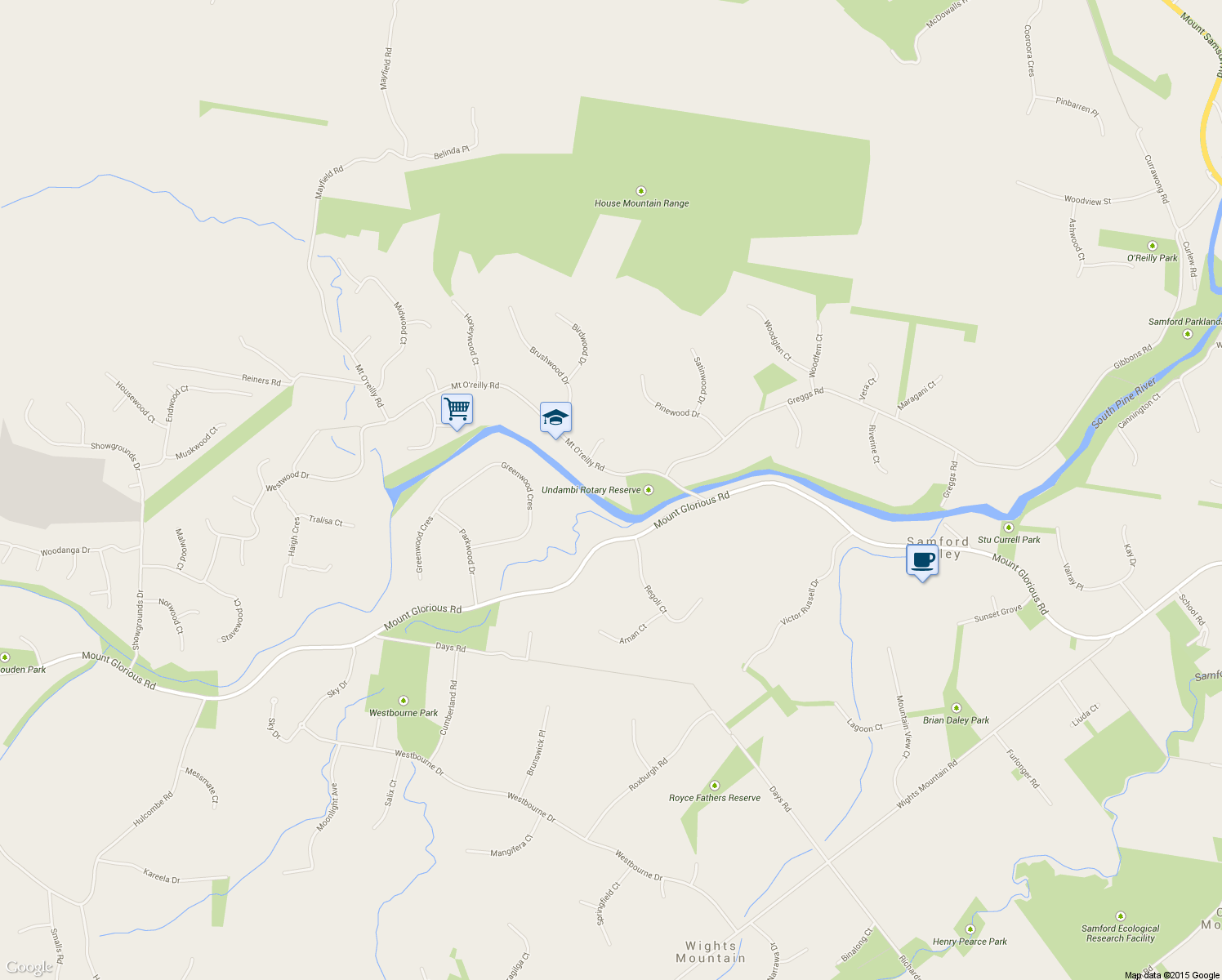map of restaurants, bars, coffee shops, grocery stores, and more near 41 Mt O'reilly Road in Samford Valley