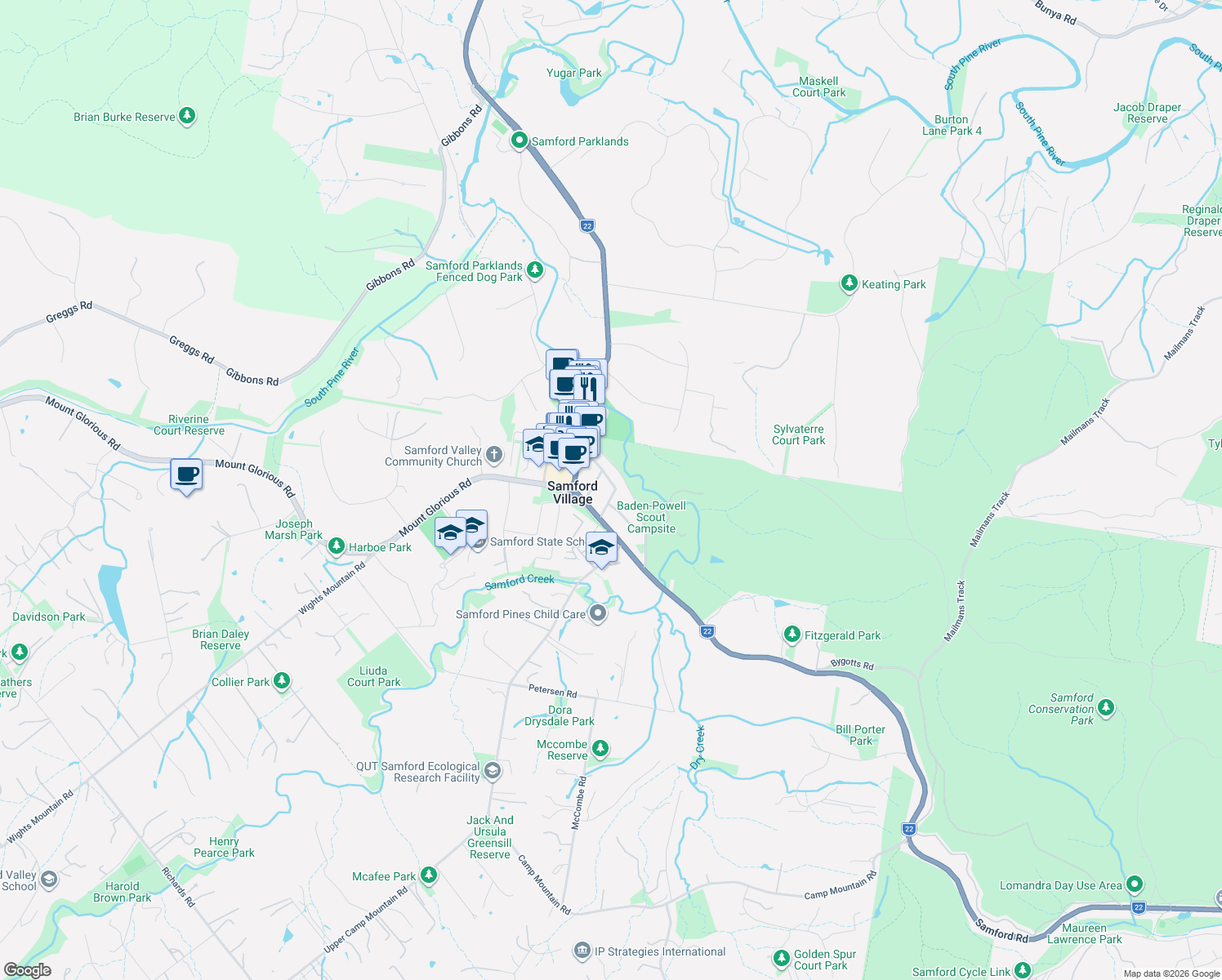map of restaurants, bars, coffee shops, grocery stores, and more near 26 Progress Street in Samford Village