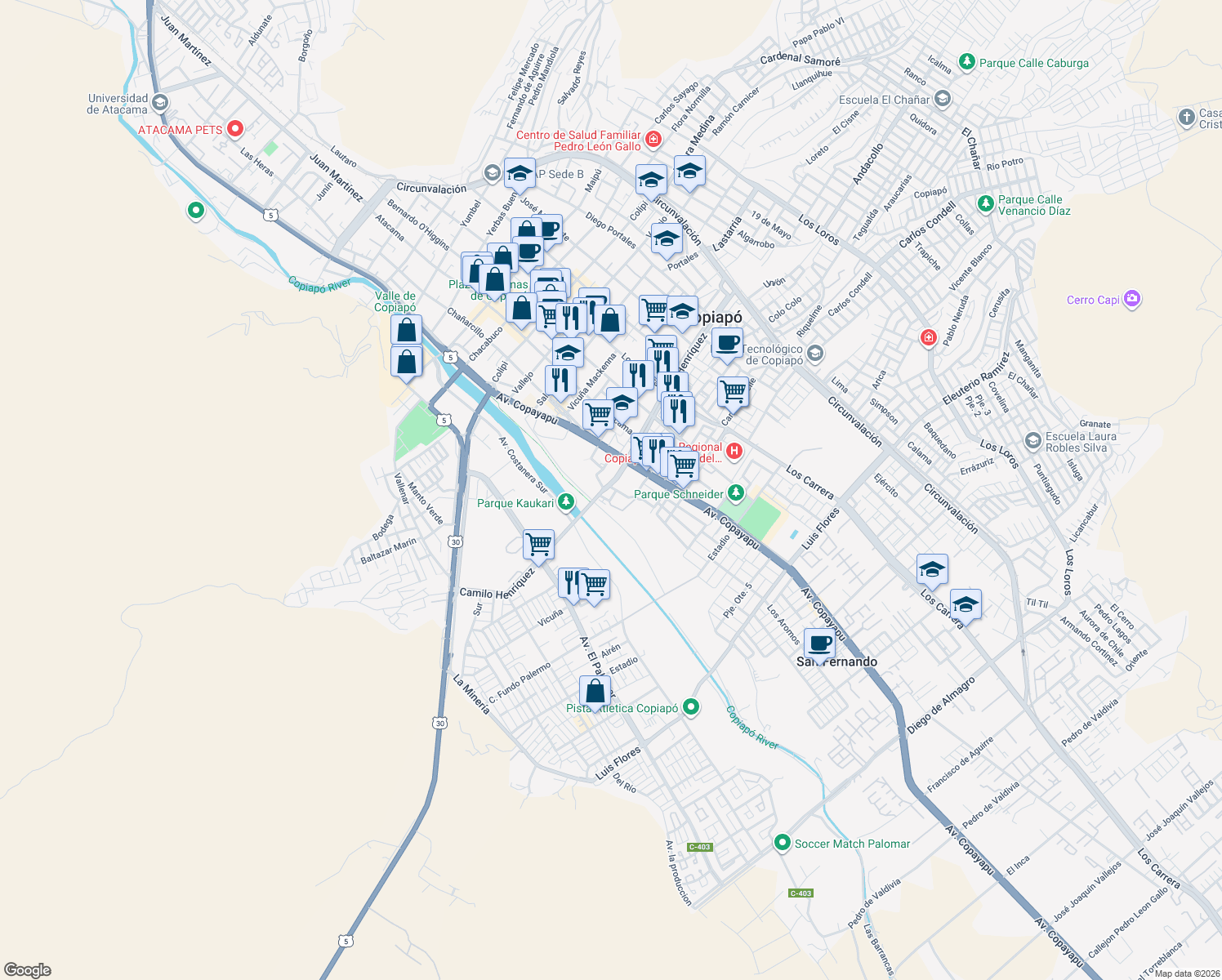 map of restaurants, bars, coffee shops, grocery stores, and more near 140 Panamericana Norte in Copiapo