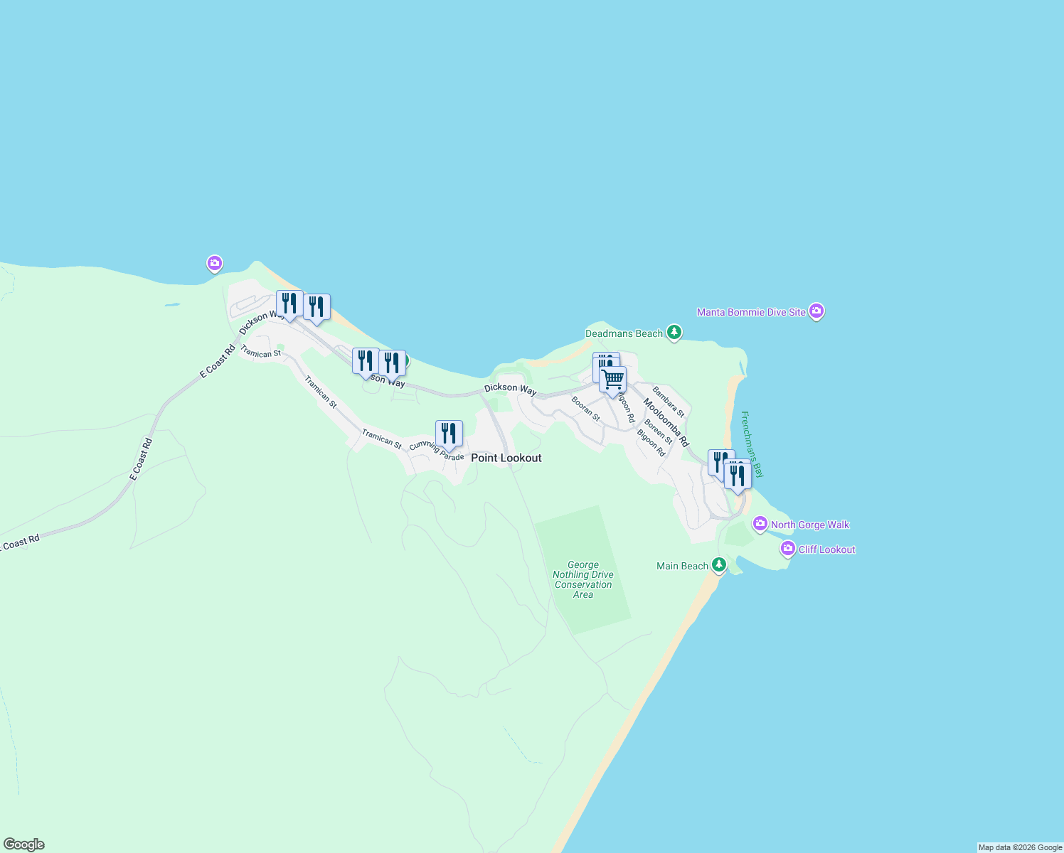 map of restaurants, bars, coffee shops, grocery stores, and more near 26 Billa Street in Point Lookout