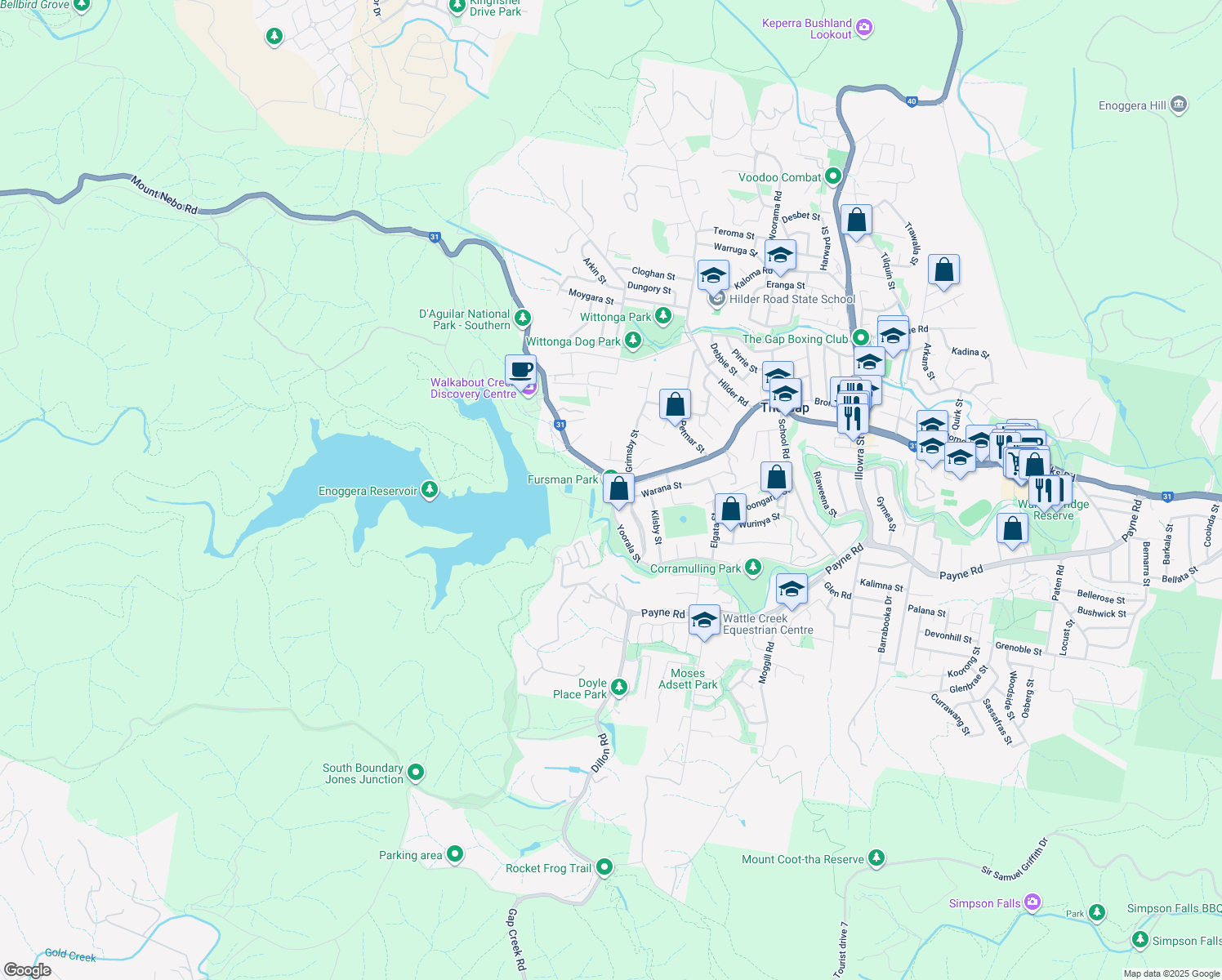 map of restaurants, bars, coffee shops, grocery stores, and more near 1348 Waterworks Road in Enoggera Reservoir