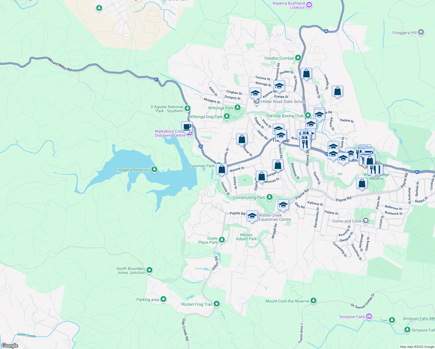 map of restaurants, bars, coffee shops, grocery stores, and more near 1348 Waterworks Road in Enoggera Reservoir