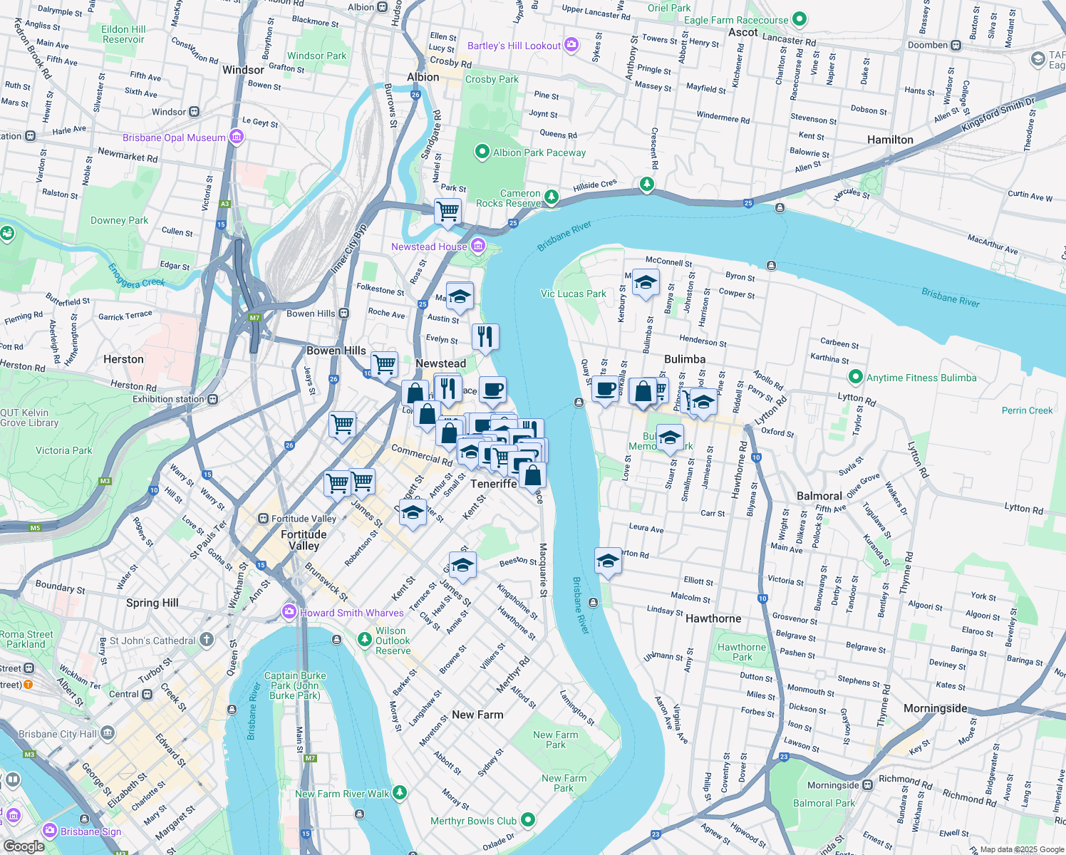 map of restaurants, bars, coffee shops, grocery stores, and more near Jetty in Brisbane City