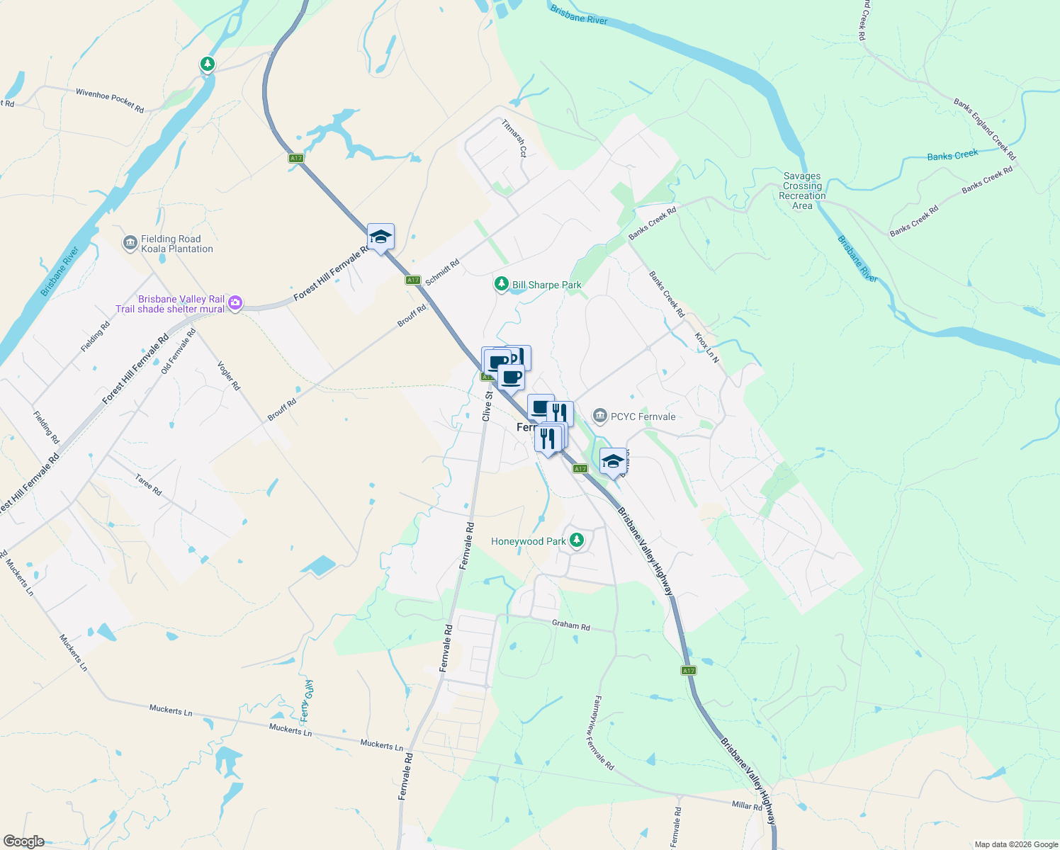 map of restaurants, bars, coffee shops, grocery stores, and more near in Fernvale