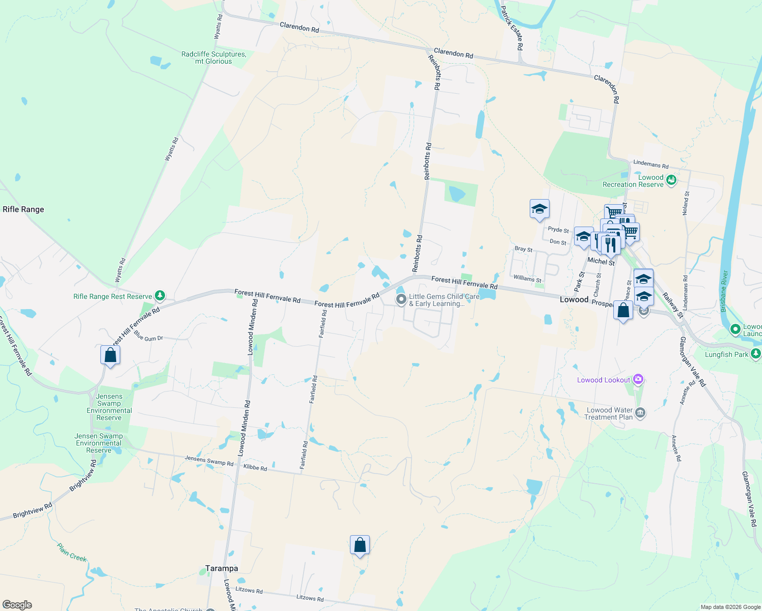 map of restaurants, bars, coffee shops, grocery stores, and more near 8 Sea Eagle Drive in Lowood