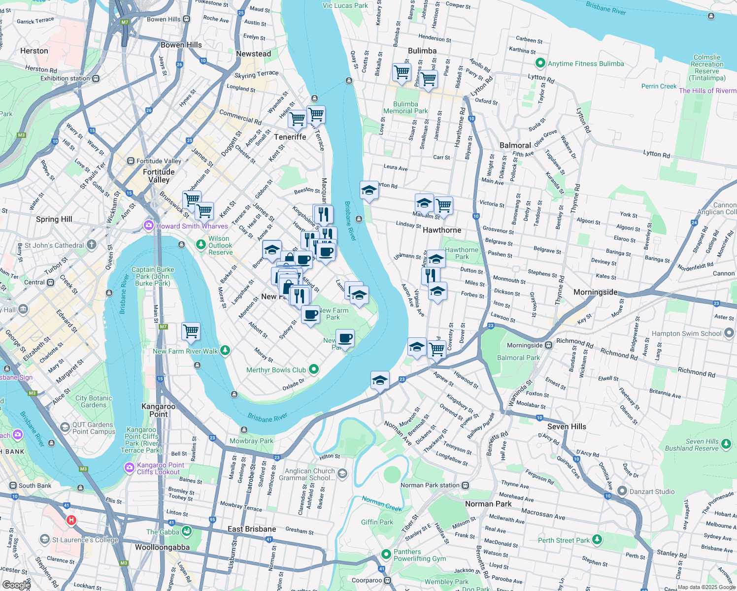 map of restaurants, bars, coffee shops, grocery stores, and more near in New Farm