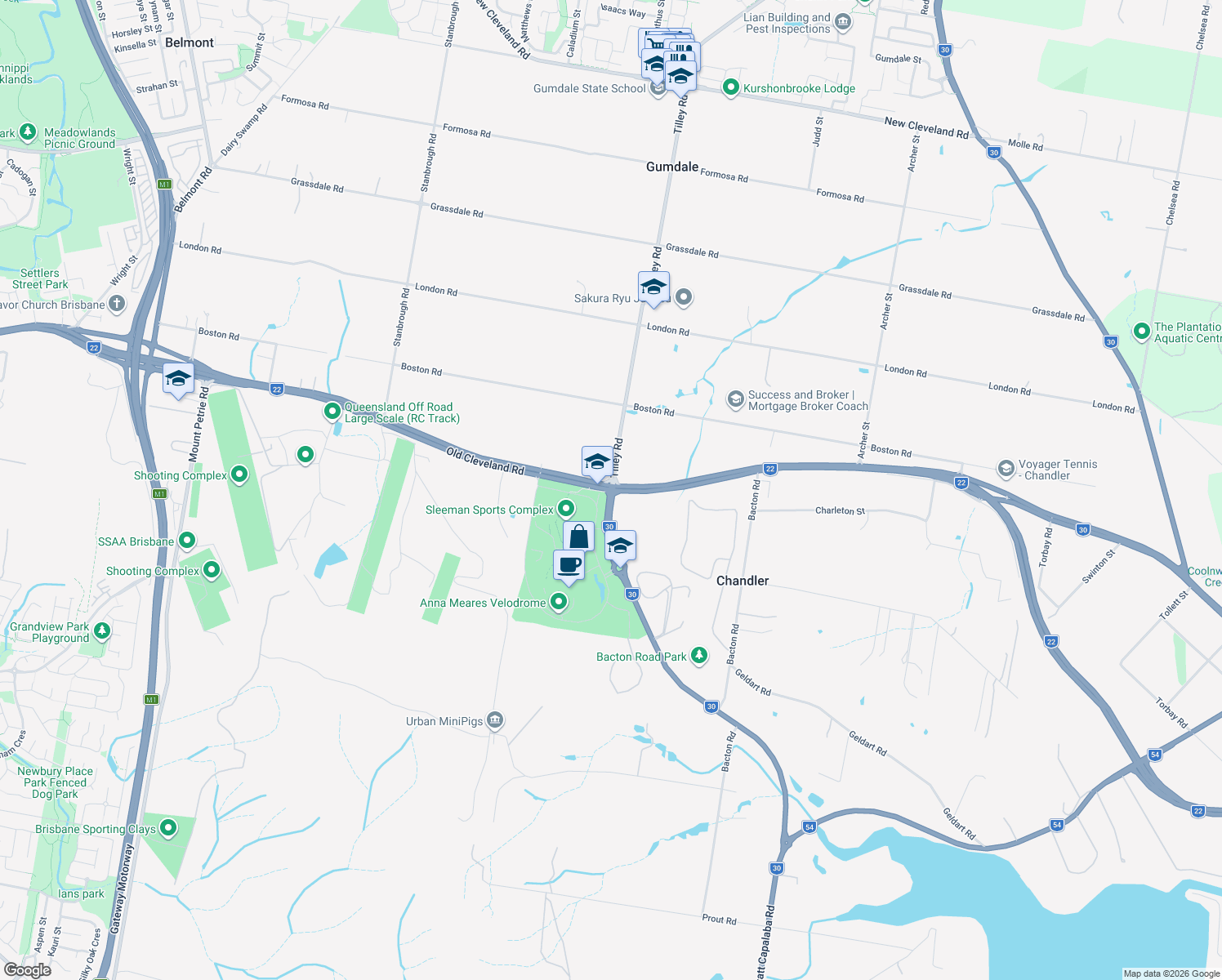 map of restaurants, bars, coffee shops, grocery stores, and more near Tilley Rd & Old Cleveland Rd in Chandler