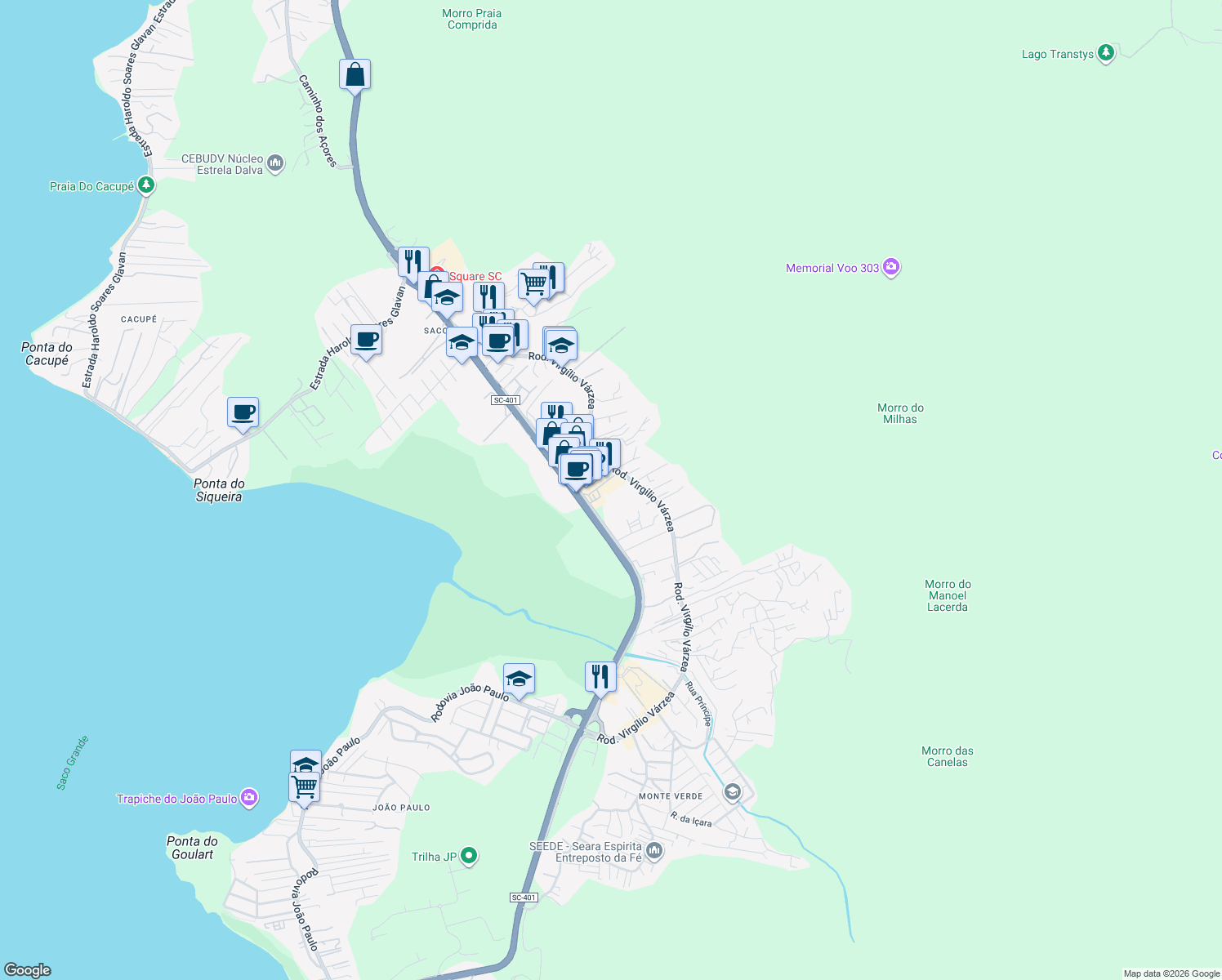 map of restaurants, bars, coffee shops, grocery stores, and more near 4100 SC-401 in Florianópolis