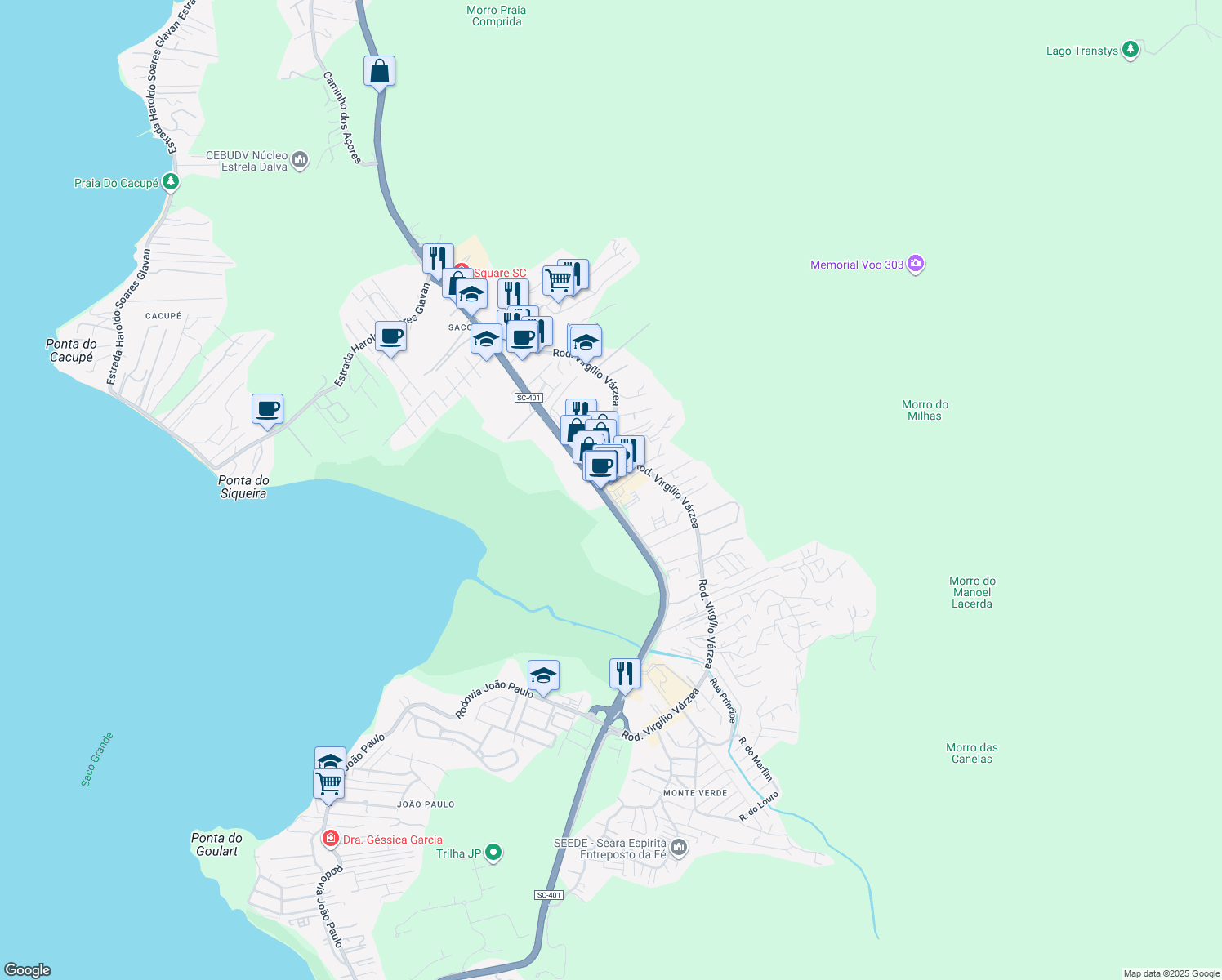 map of restaurants, bars, coffee shops, grocery stores, and more near 4100 SC-401 in Florianópolis