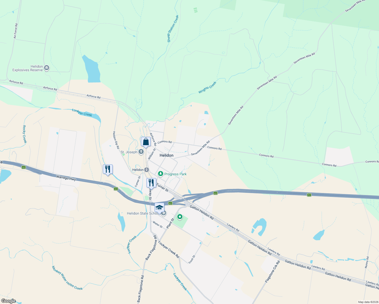 map of restaurants, bars, coffee shops, grocery stores, and more near 4 Carly Drive in Helidon