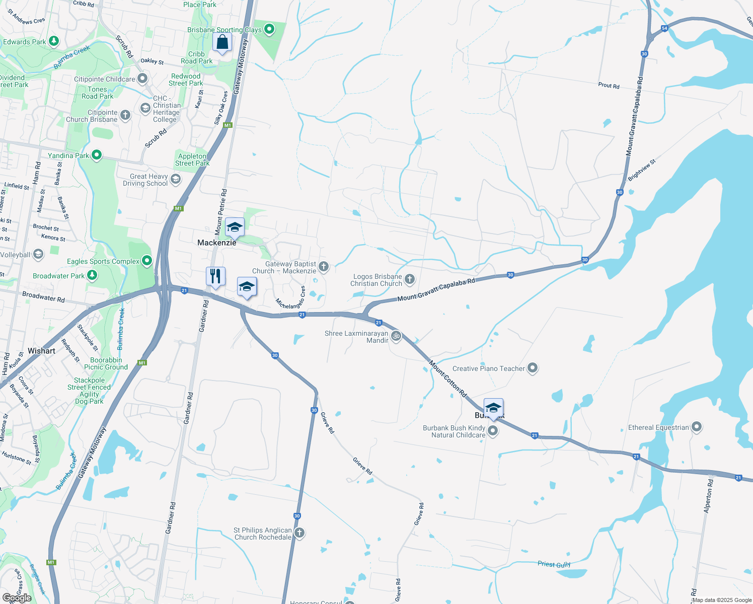 map of restaurants, bars, coffee shops, grocery stores, and more near Mount Gravatt Capalaba Road in Brisbane City