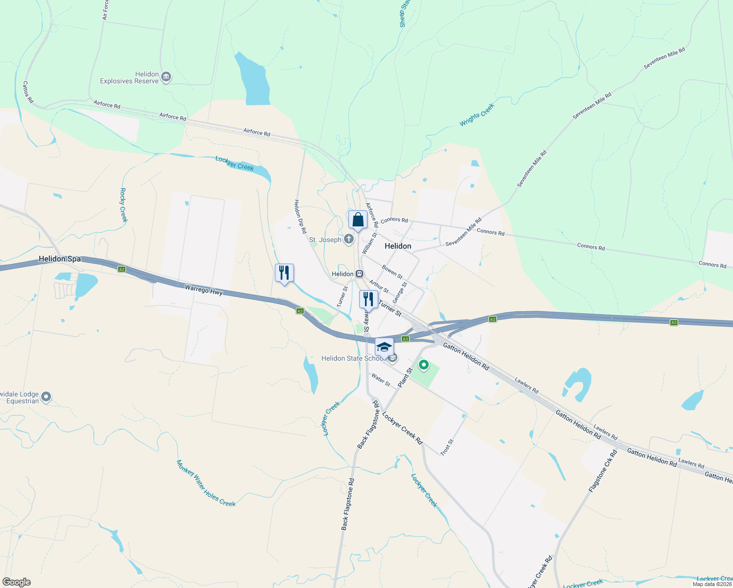 map of restaurants, bars, coffee shops, grocery stores, and more near 3 Arthur St in Helidon