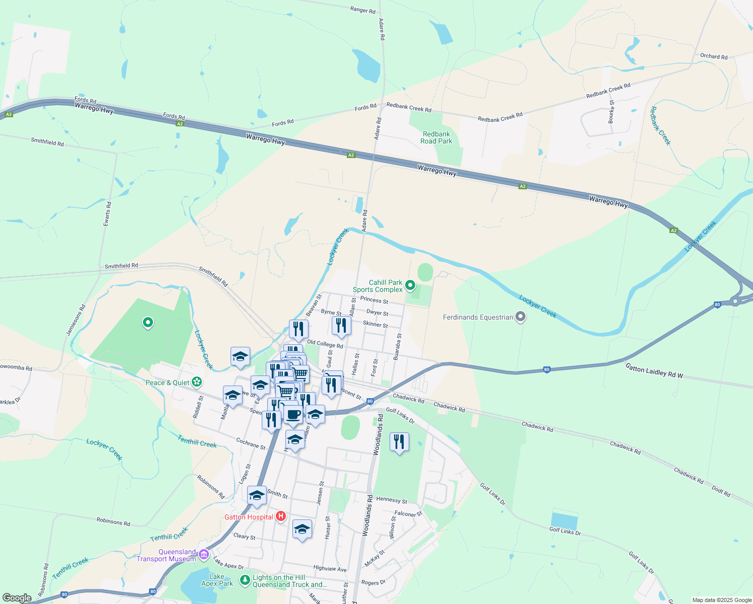 map of restaurants, bars, coffee shops, grocery stores, and more near 40 Princess Street in Gatton