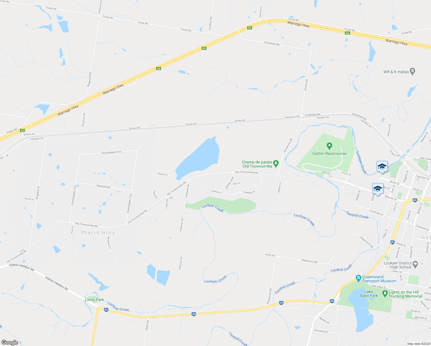 map of restaurants, bars, coffee shops, grocery stores, and more near 361 Old Toowoomba Road in Gatton