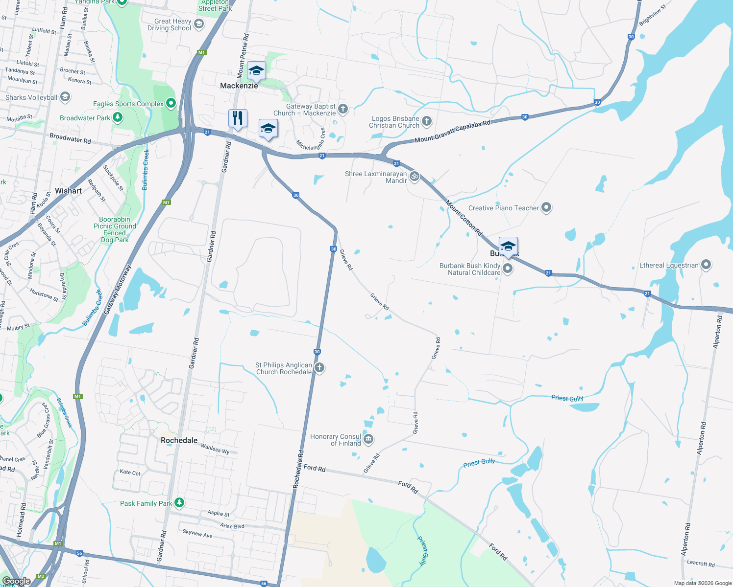 map of restaurants, bars, coffee shops, grocery stores, and more near 335 Grieve Road in Rochedale