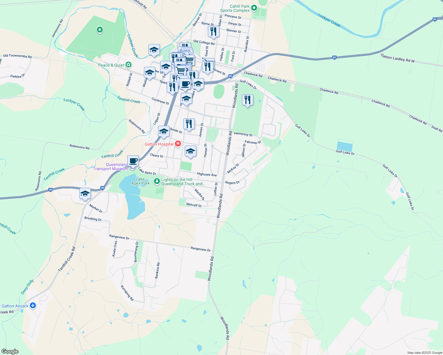 map of restaurants, bars, coffee shops, grocery stores, and more near 117 Woodlands Road in Gatton