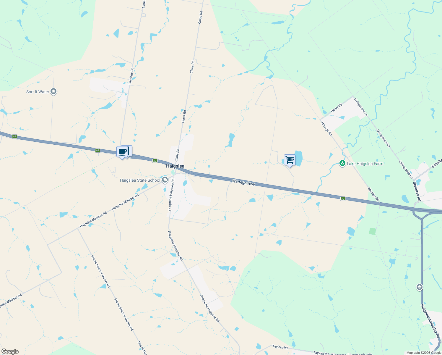 map of restaurants, bars, coffee shops, grocery stores, and more near Warrego Highway in Haigslea