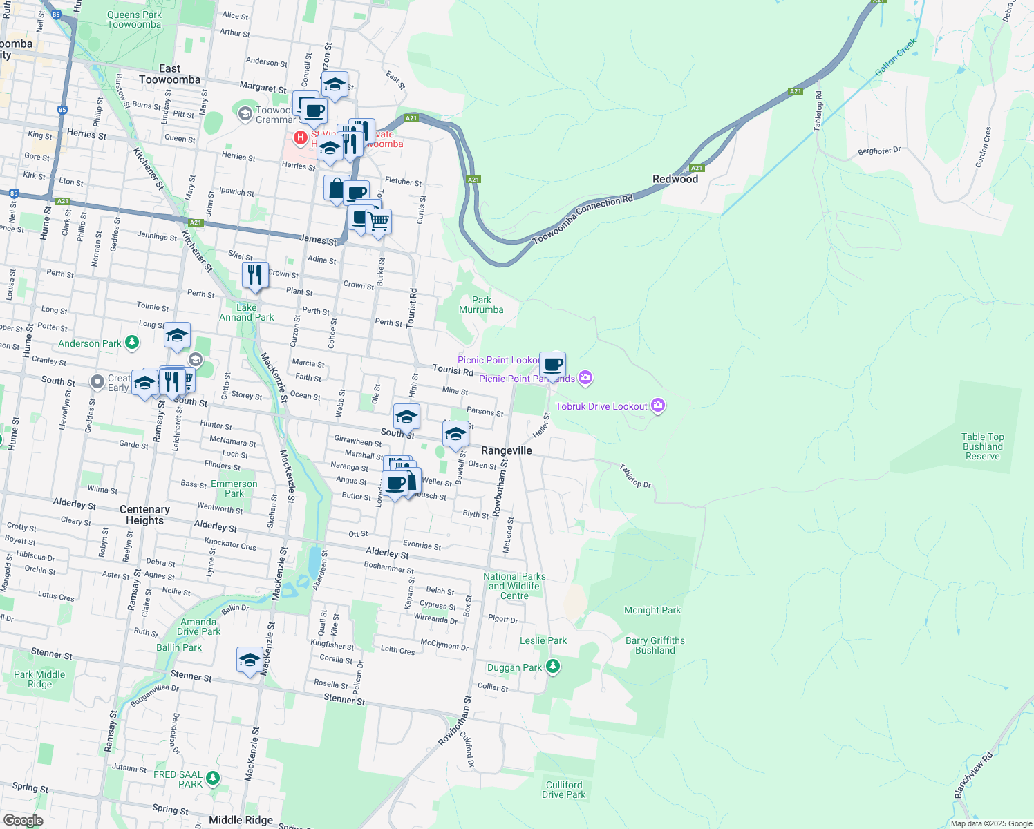 map of restaurants, bars, coffee shops, grocery stores, and more near 2 Rowbotham Street in Rangeville