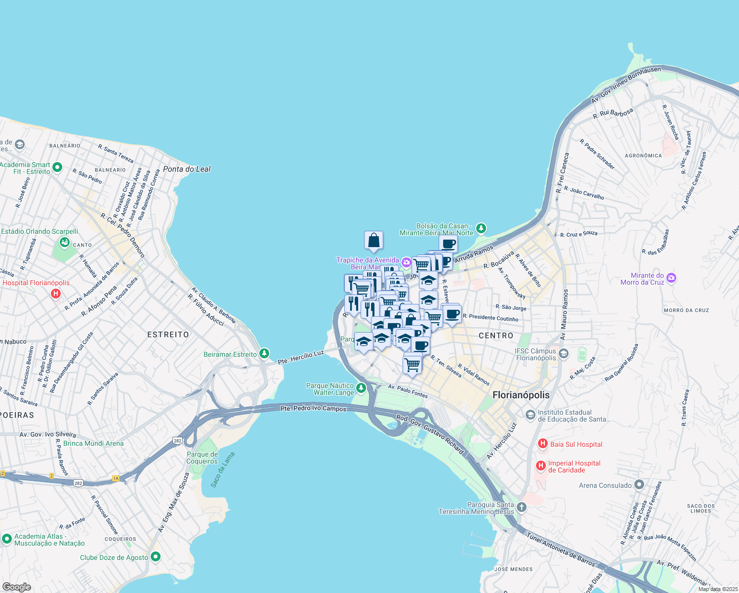 map of restaurants, bars, coffee shops, grocery stores, and more near 1038 Avenida Jornalista Rubens de Arruda Ramos in Florianopolis