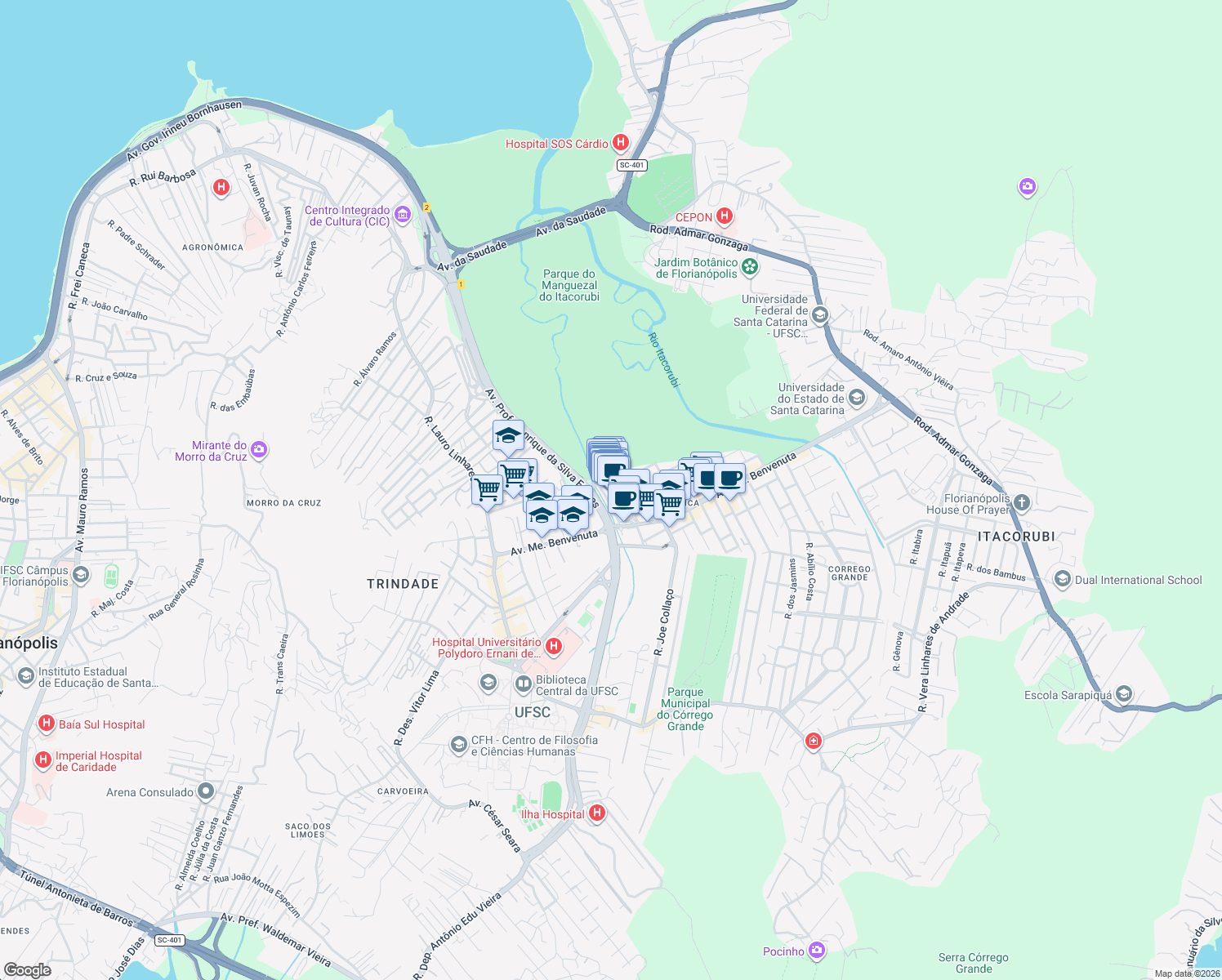 map of restaurants, bars, coffee shops, grocery stores, and more near 687 Avenida Madre Benvenuta in Florianópolis