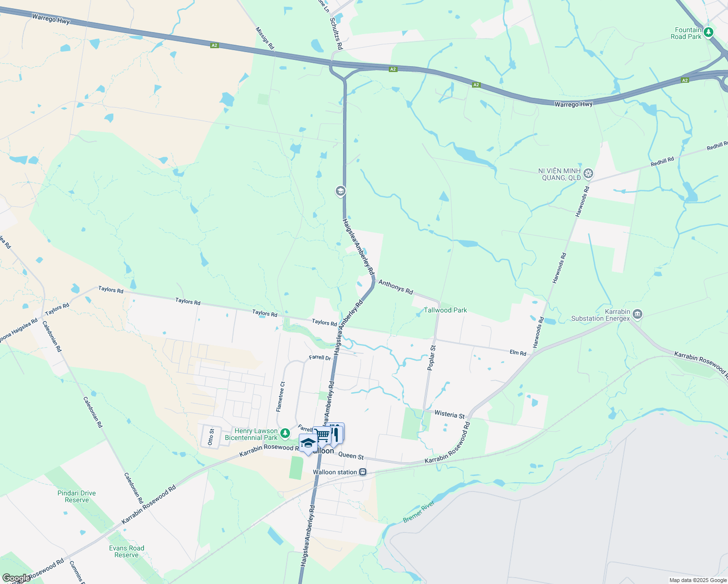map of restaurants, bars, coffee shops, grocery stores, and more near 199 Haigslea-Amberley Road in Walloon