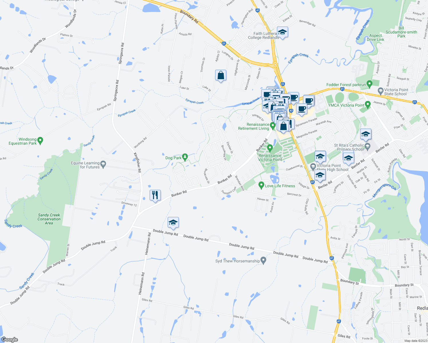 map of restaurants, bars, coffee shops, grocery stores, and more near 11 Fiddlewood Street in Victoria Point