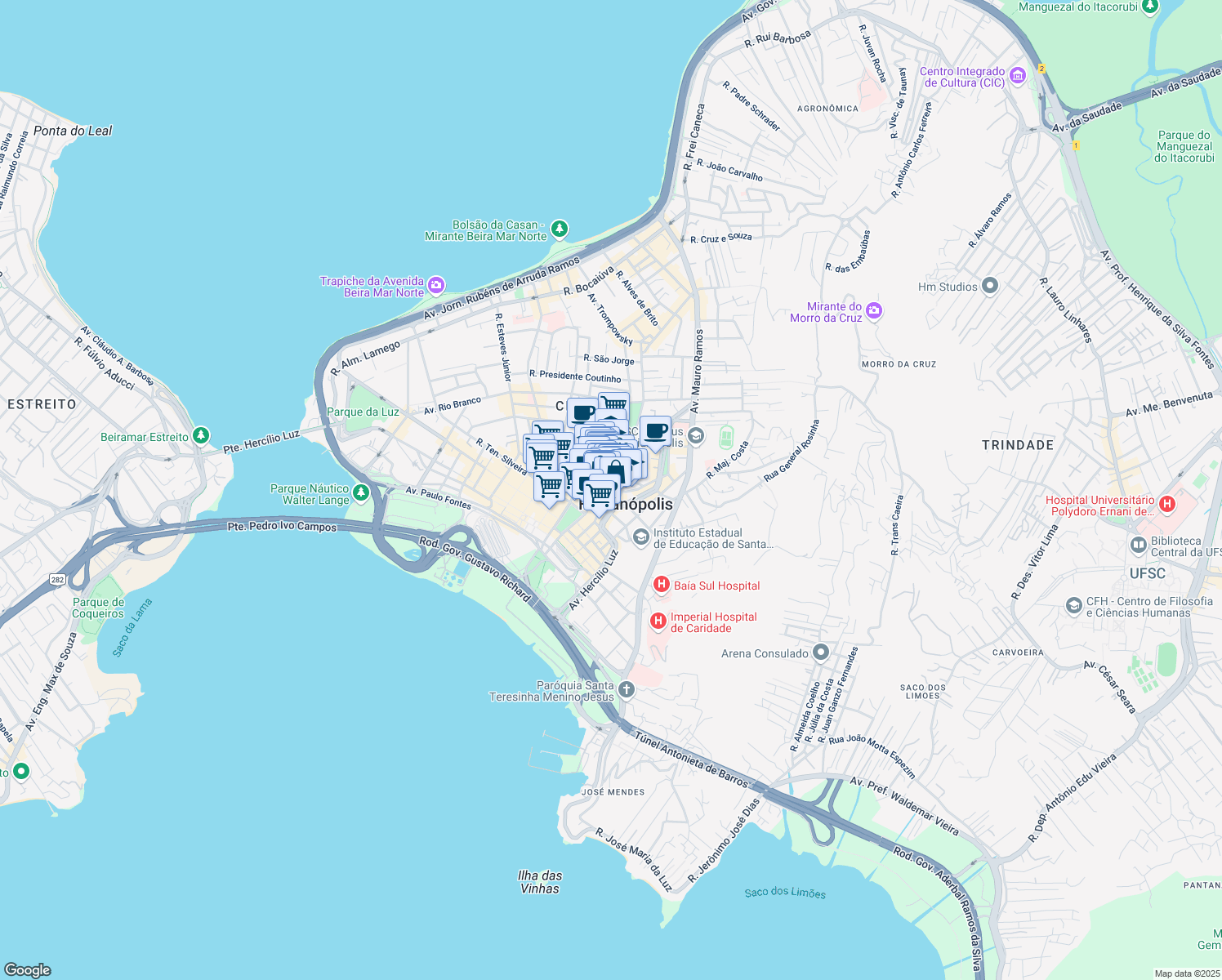 map of restaurants, bars, coffee shops, grocery stores, and more near 392 Rua Saldanha Marinho in Florianópolis
