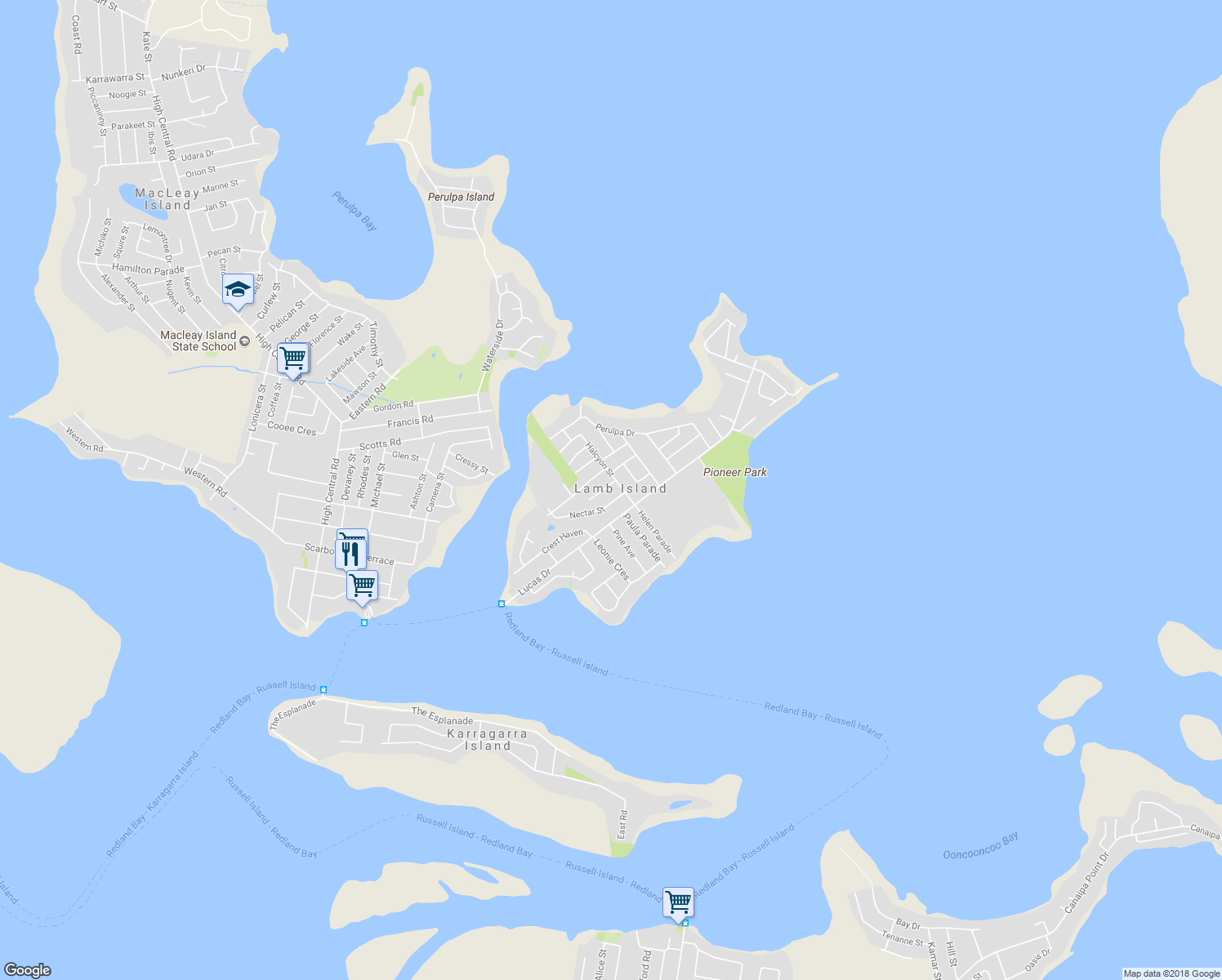 map of restaurants, bars, coffee shops, grocery stores, and more near 6 Belar Street in Lamb Island