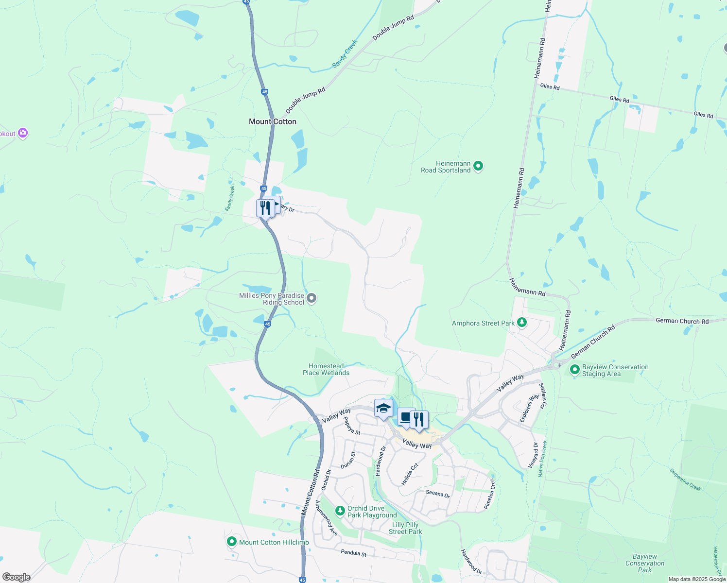 map of restaurants, bars, coffee shops, grocery stores, and more near Sanctuary Drive in Mount Cotton