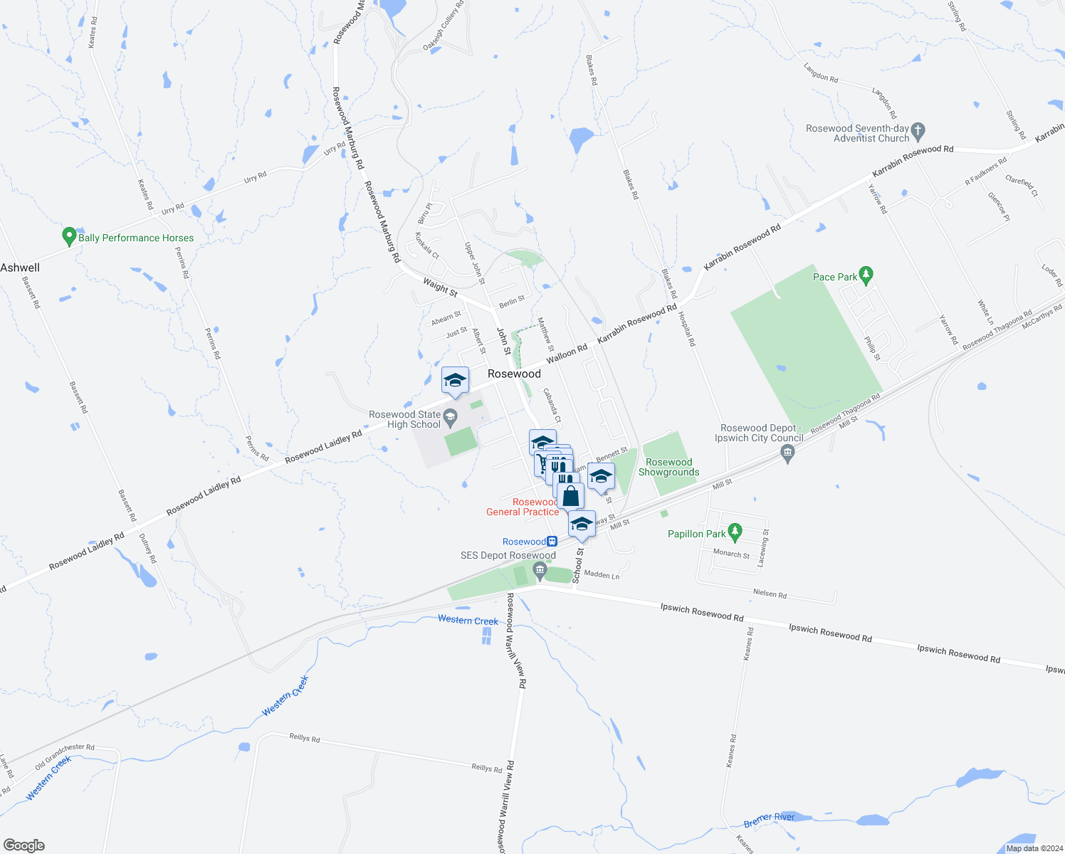 map of restaurants, bars, coffee shops, grocery stores, and more near 76 John Street in Rosewood