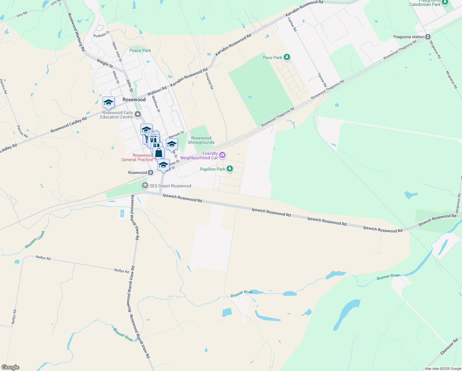 map of restaurants, bars, coffee shops, grocery stores, and more near 40 Lacewing Street in Rosewood
