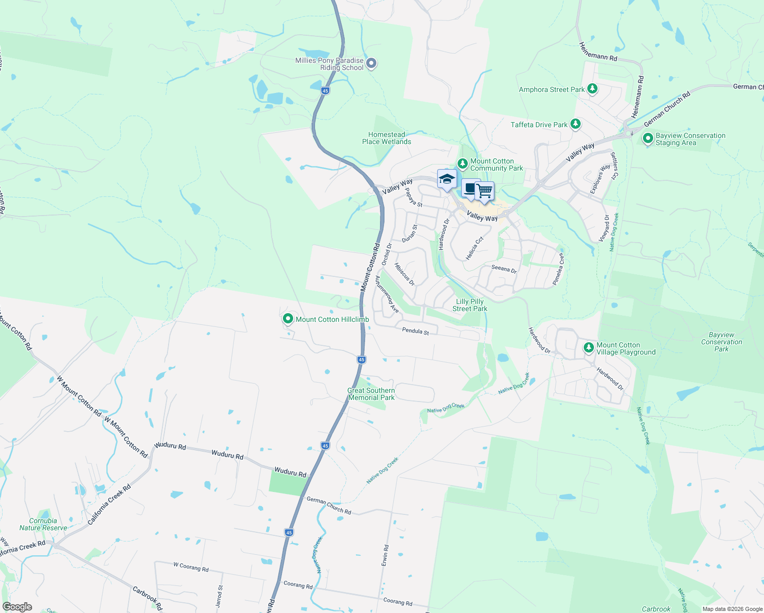map of restaurants, bars, coffee shops, grocery stores, and more near Bellflower Crescent in Mount Cotton