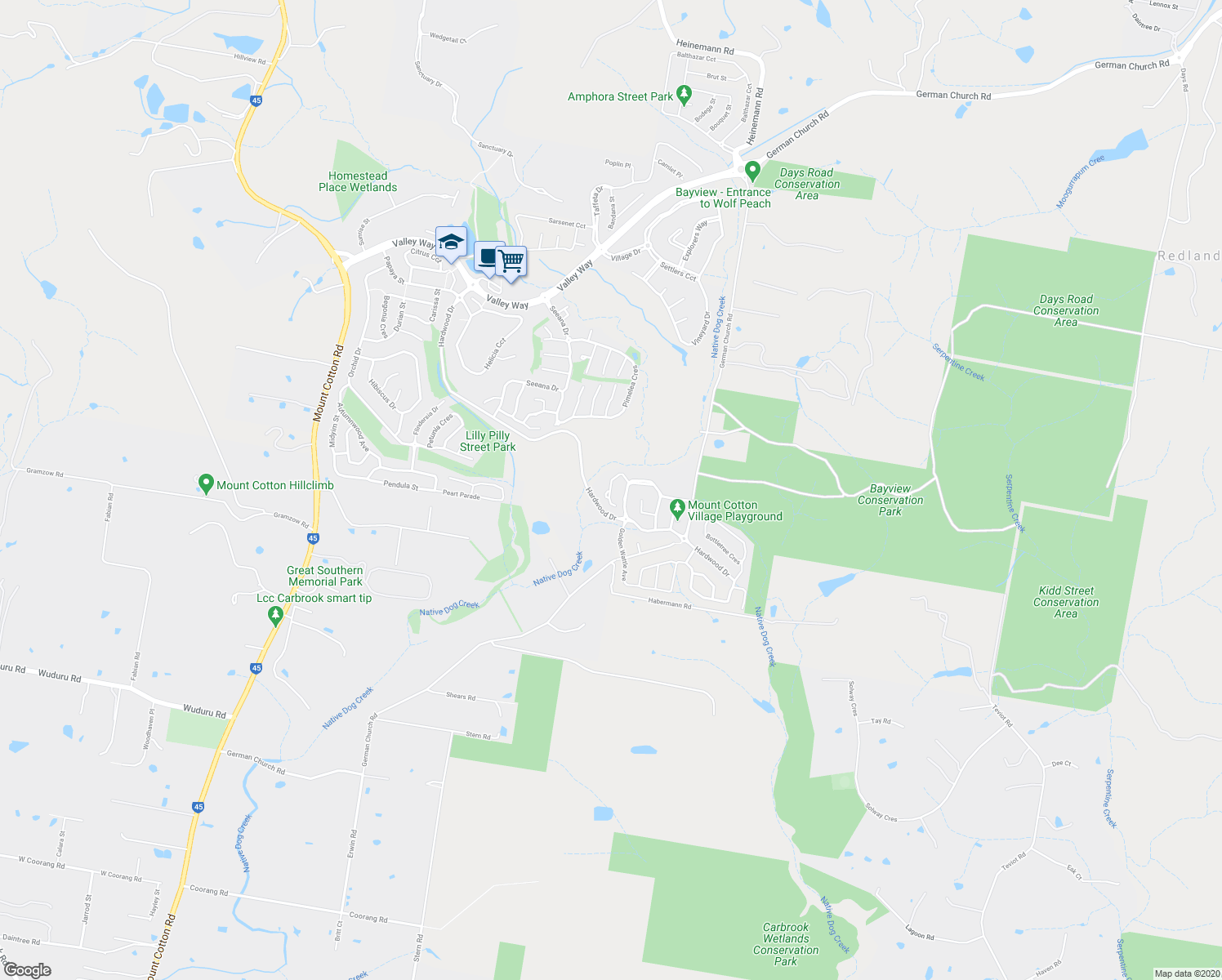 map of restaurants, bars, coffee shops, grocery stores, and more near Bunya Pine Place in Mount Cotton