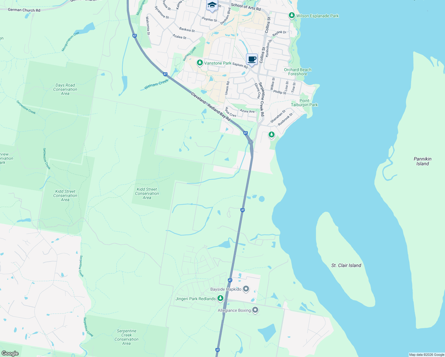 map of restaurants, bars, coffee shops, grocery stores, and more near 193 Serpentine Creek Road in Redland Bay