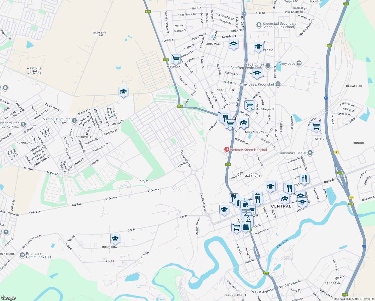 map of restaurants, bars, coffee shops, grocery stores, and more near 2 20th Way in Kroonstad