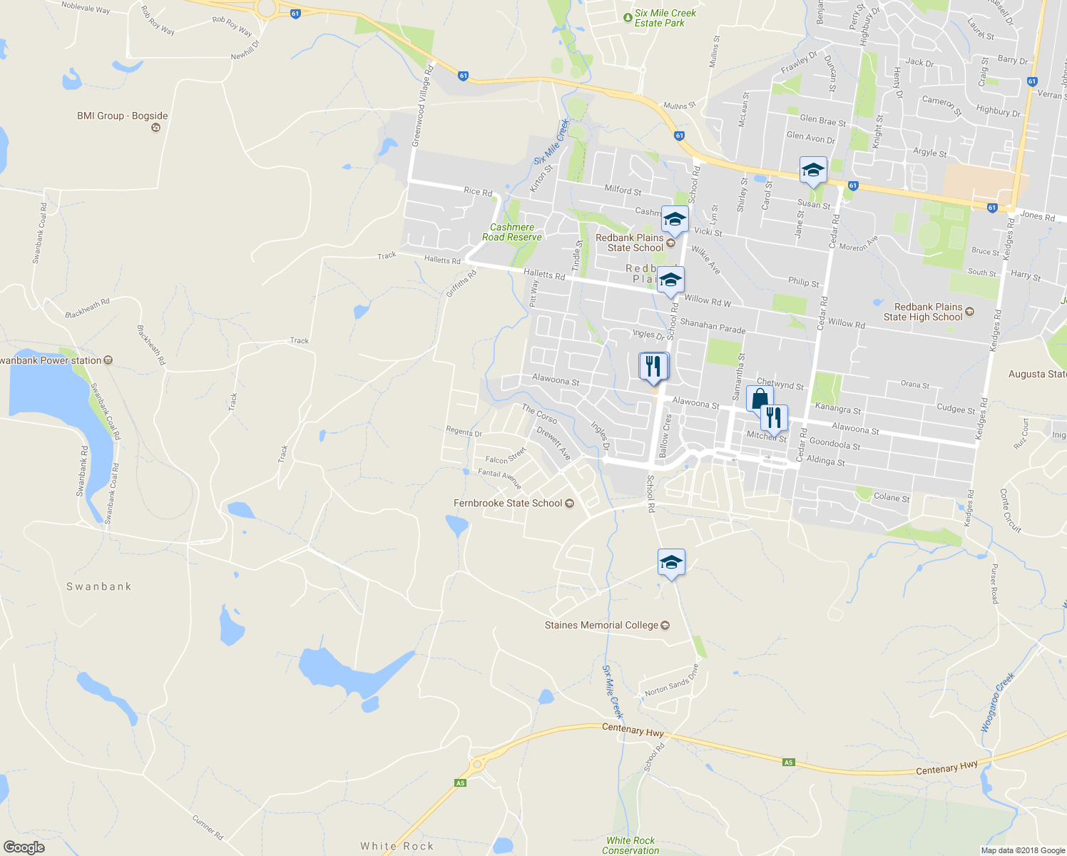 map of restaurants, bars, coffee shops, grocery stores, and more near Haywood Street in Redbank Plains