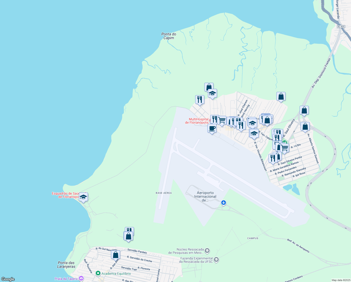 map of restaurants, bars, coffee shops, grocery stores, and more near 3393 Avenida Deputado Diomício Freitas in Florianópolis