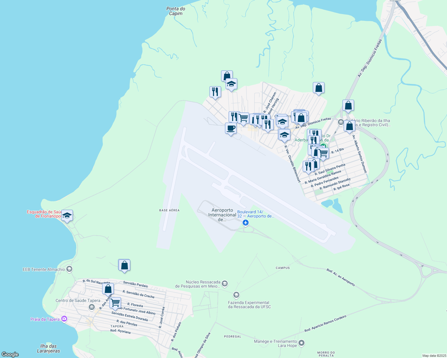 map of restaurants, bars, coffee shops, grocery stores, and more near 3393 Avenida Deputado Diomício Freitas in Florianópolis