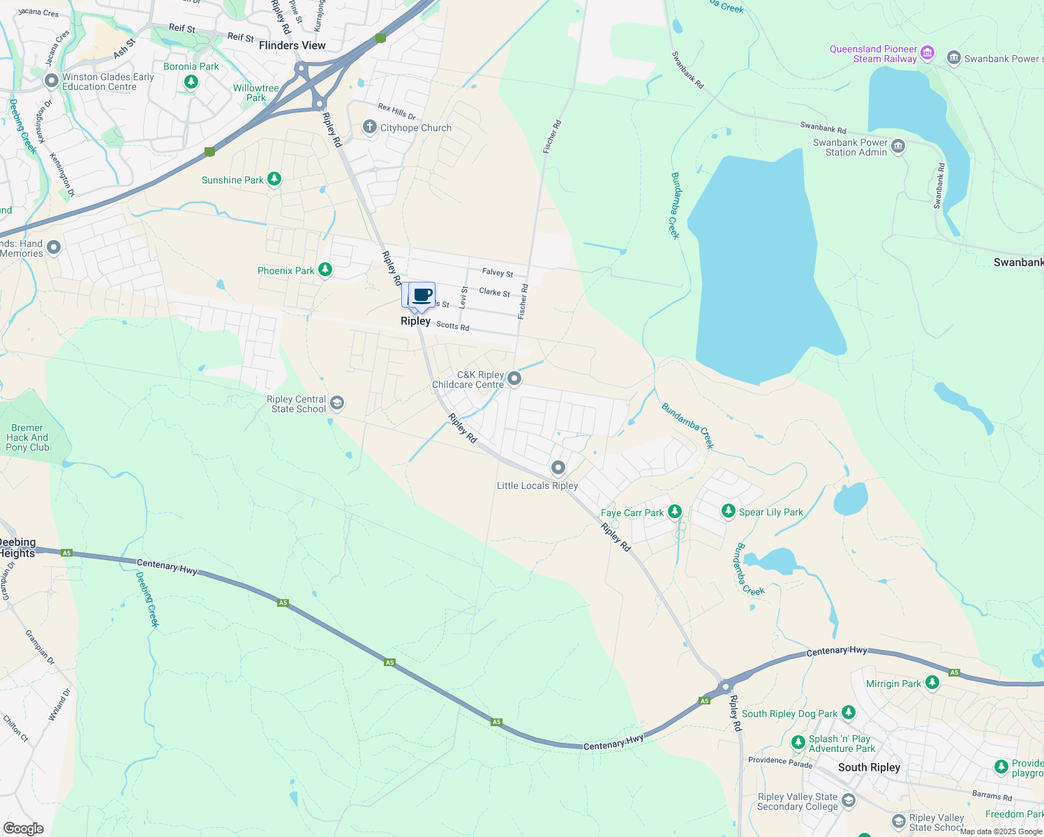 map of restaurants, bars, coffee shops, grocery stores, and more near 2 Koda Street in Ripley