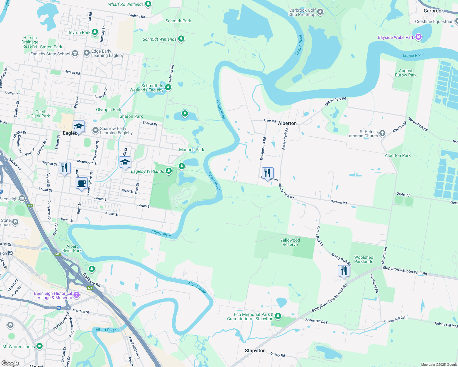 map of restaurants, bars, coffee shops, grocery stores, and more near 33 Keogh Road in Stapylton