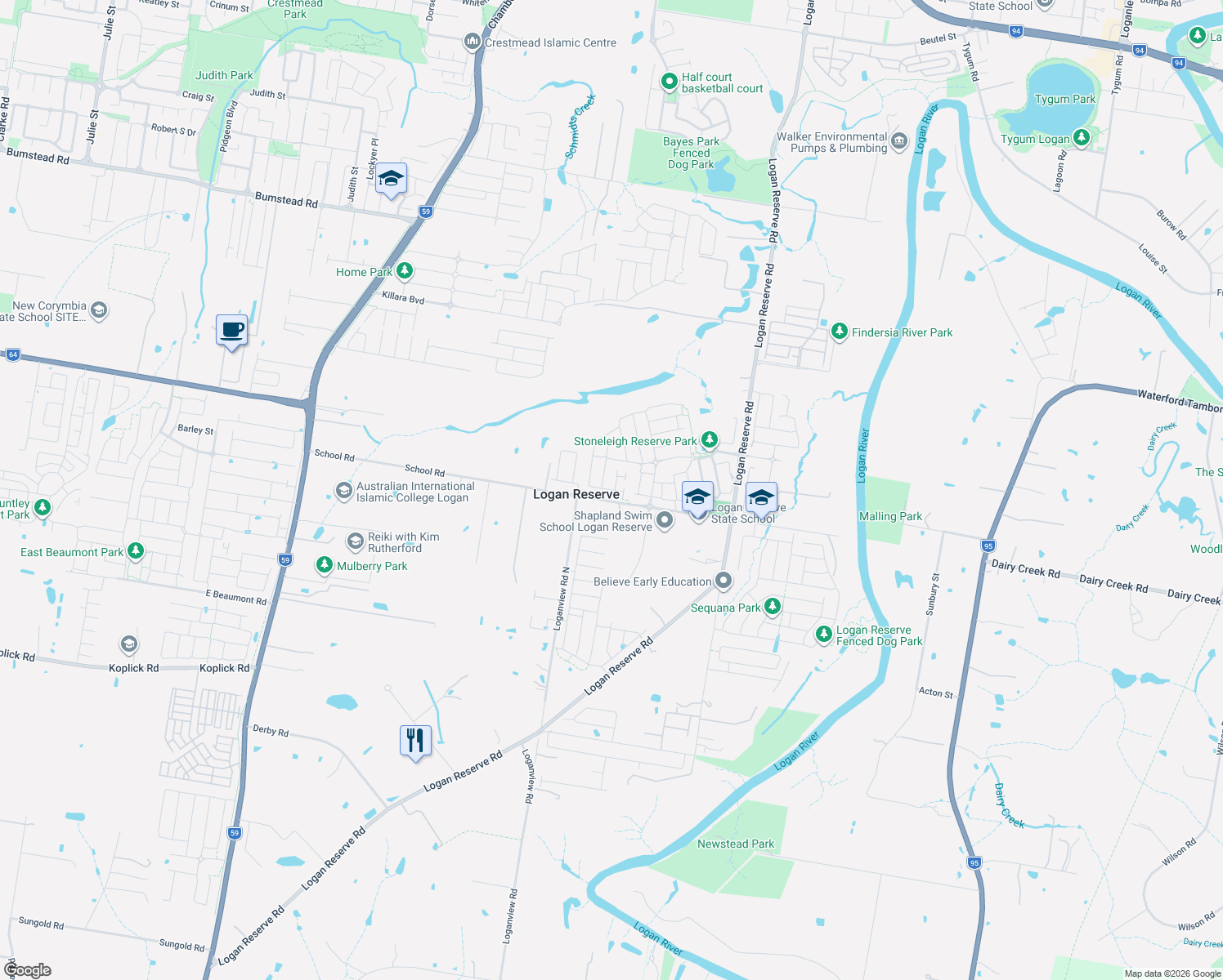 map of restaurants, bars, coffee shops, grocery stores, and more near in Logan Reserve