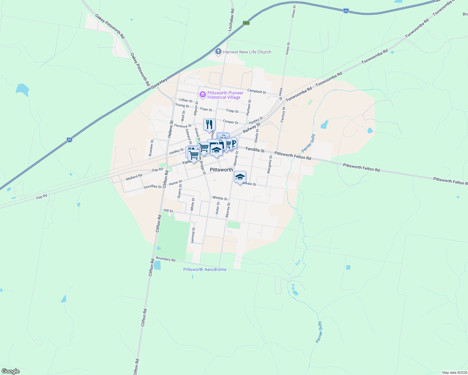 map of restaurants, bars, coffee shops, grocery stores, and more near 24 Murray Street in Pittsworth