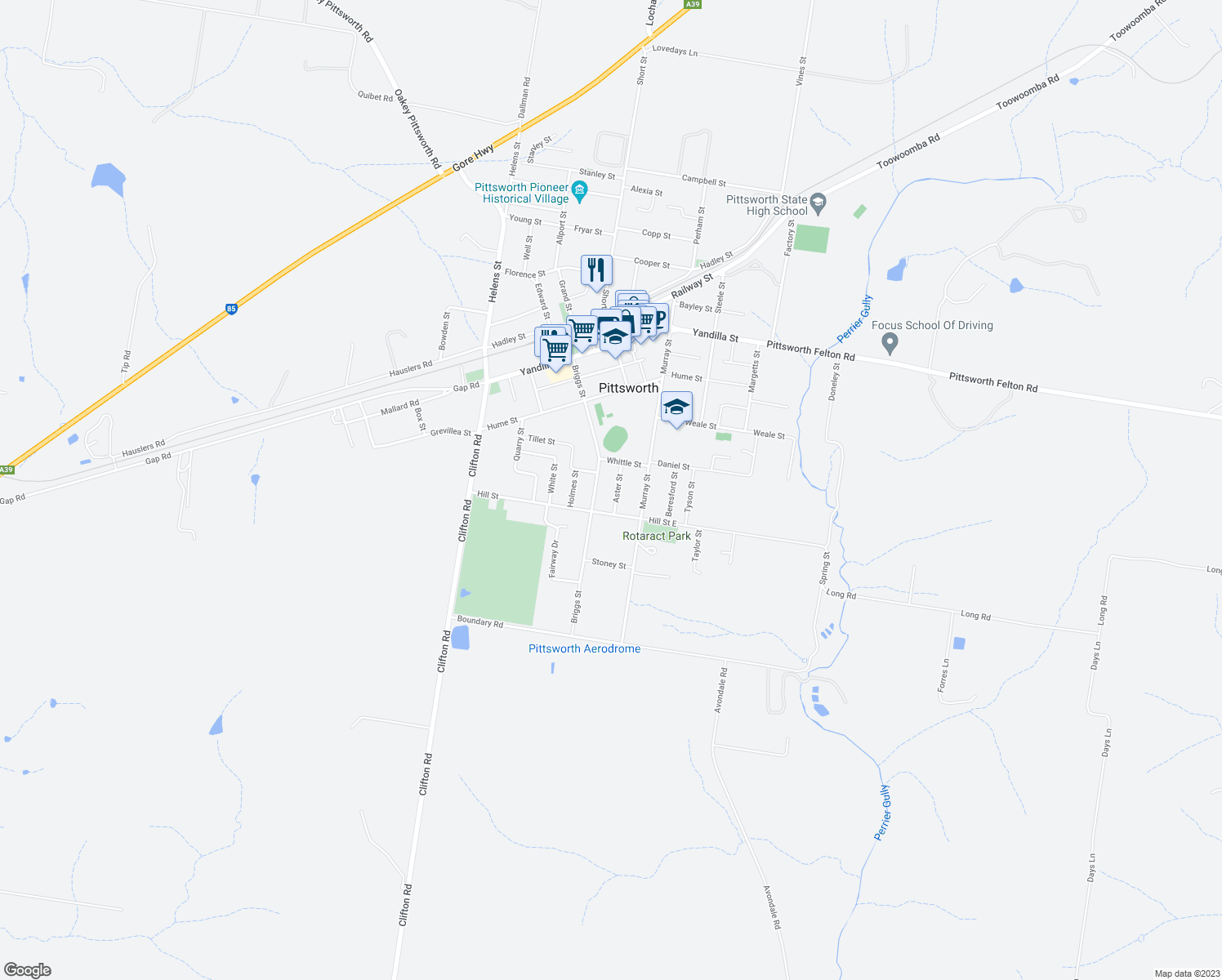 map of restaurants, bars, coffee shops, grocery stores, and more near 9 Aster Street in Pittsworth