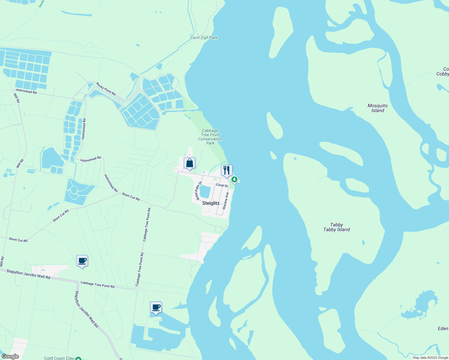 map of restaurants, bars, coffee shops, grocery stores, and more near 344 Cabbage Tree Point Road in Steiglitz