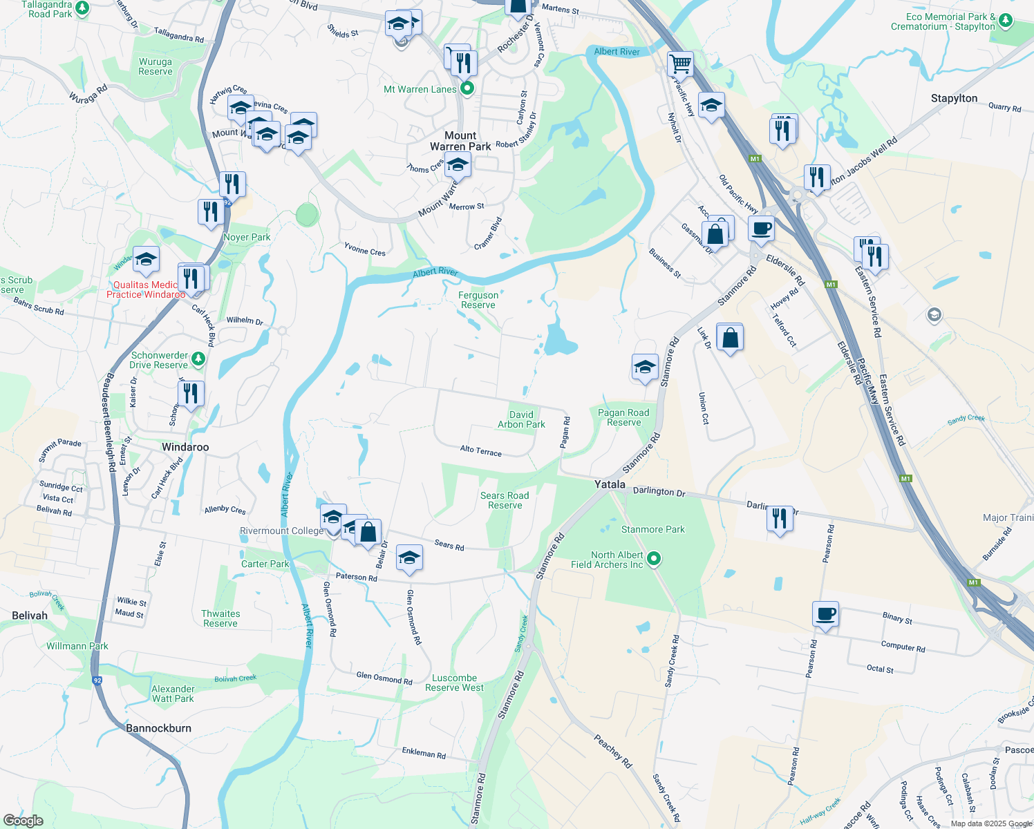 map of restaurants, bars, coffee shops, grocery stores, and more near 13 Kismet Court in Yatala