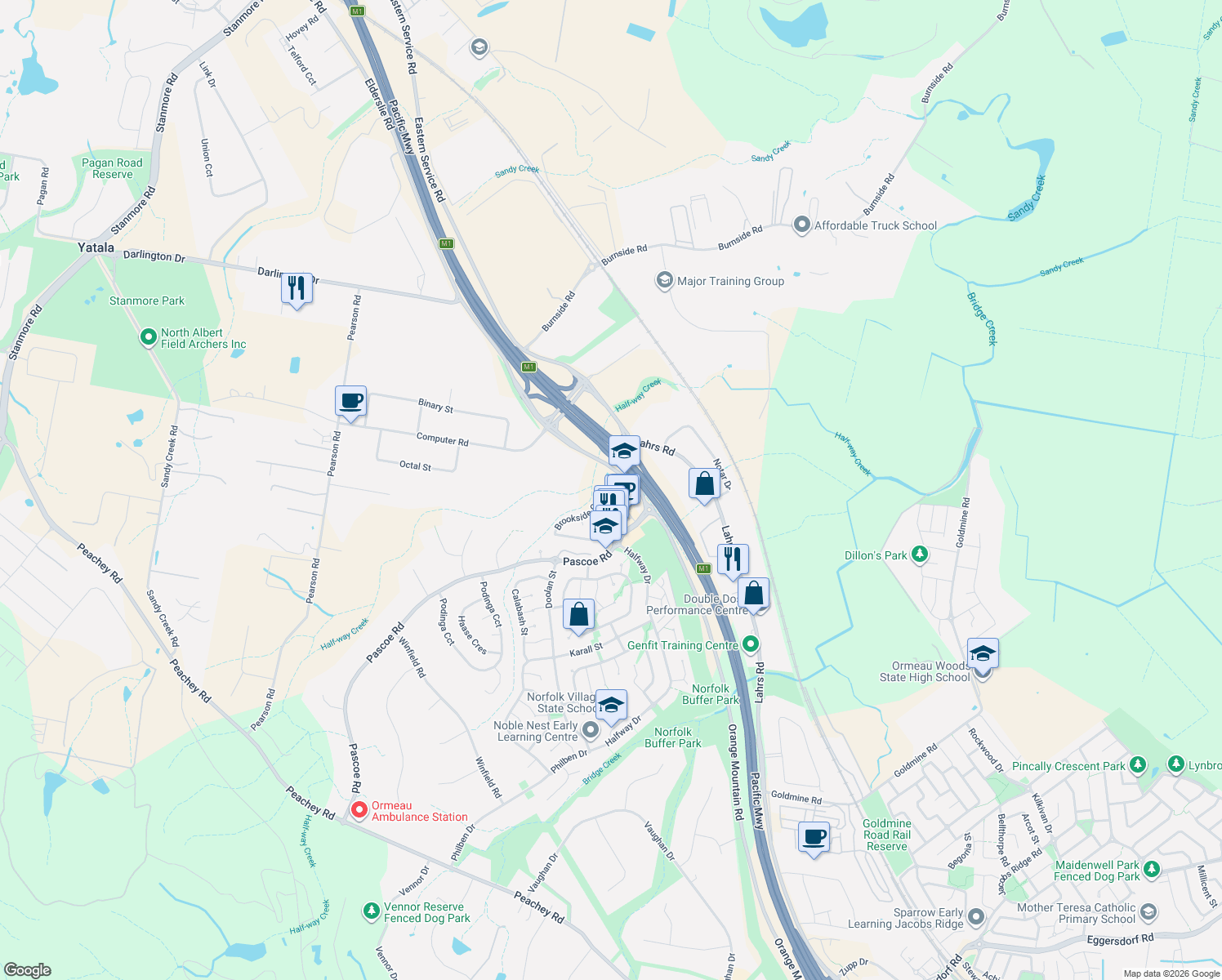 map of restaurants, bars, coffee shops, grocery stores, and more near 8 Brookside Circuit in Ormeau
