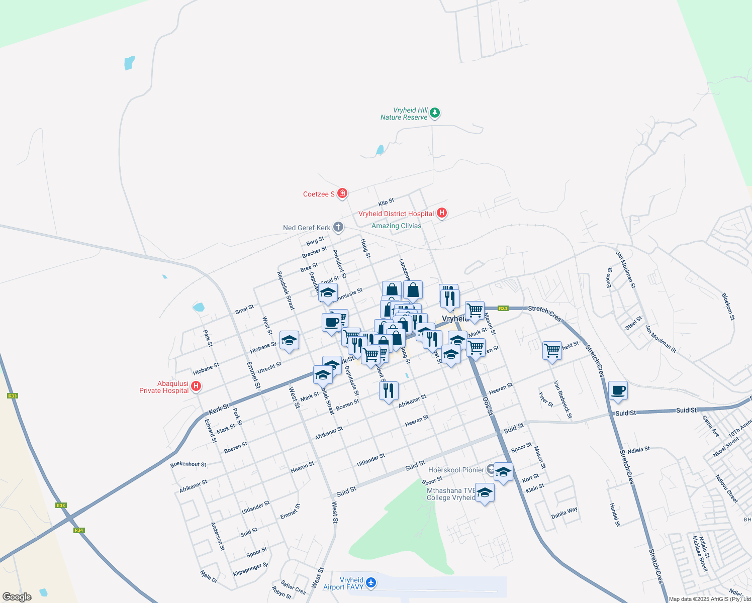 map of restaurants, bars, coffee shops, grocery stores, and more near 185 Hlobane Street in Vryheid